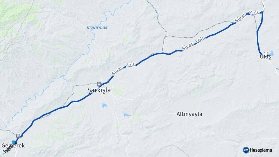 Sivas Gemerek Ulaş Arası Kaç Km - Yol Haritası