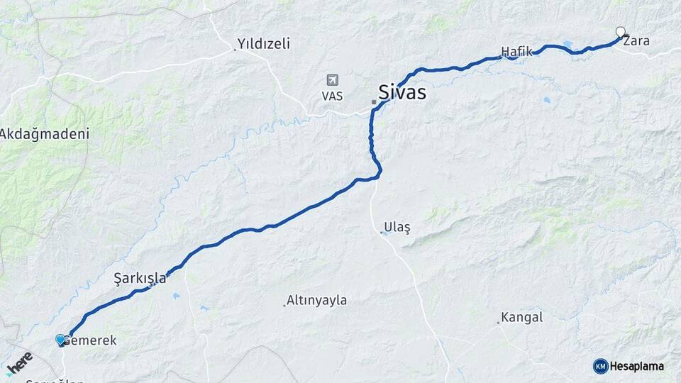 Sivas Gemerek Zara Arası Kaç Km - Yol Haritası