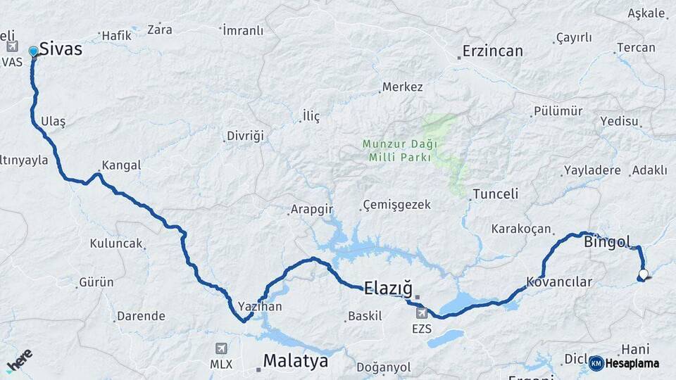 Sivas Genç Bingöl Arası Kaç Km - Yol Haritası