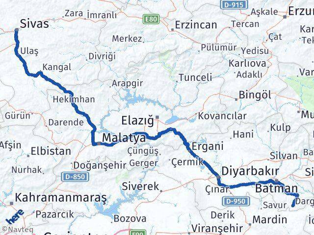 Sivas Gercüş Batman Arası Kaç Km - Yol Haritası