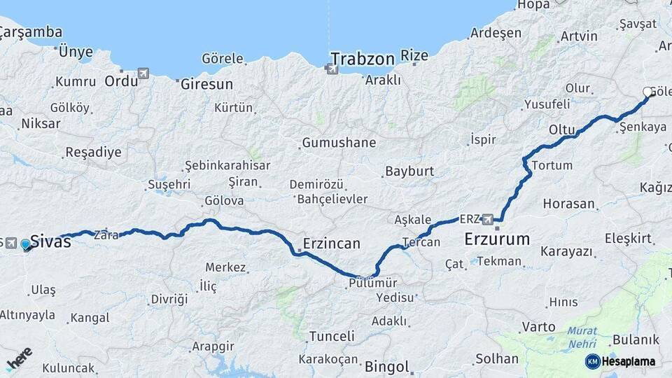 Sivas Göle Ardahan Arası Kaç Km - Yol Haritası