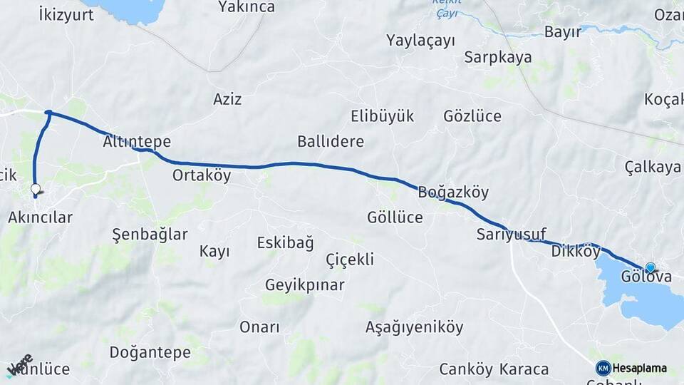 Sivas Gölova Akıncılar Arası Kaç Km - Yol Haritası