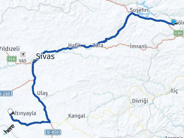 Sivas Gölova Altınyayla Arası Kaç Km - Yol Haritası