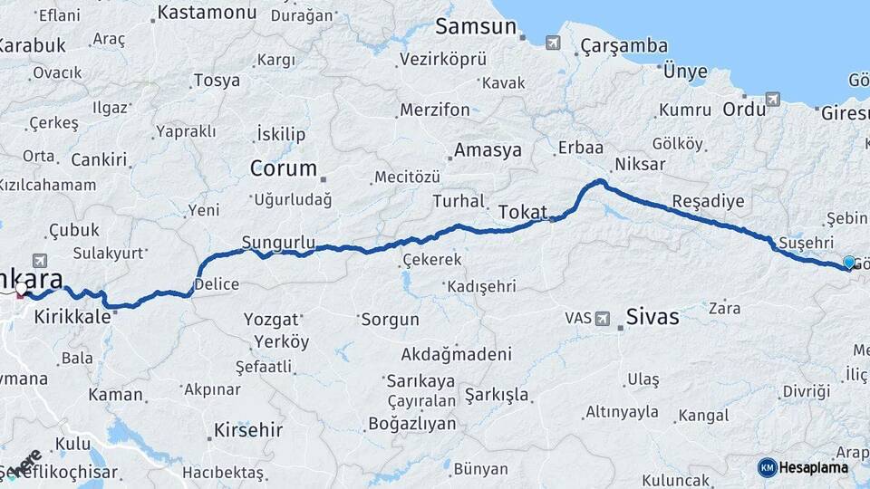 Sivas Gölova Ankara Arası Kaç Km - Yol Haritası