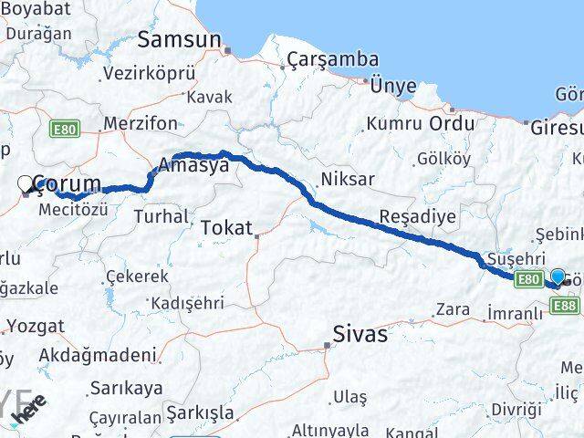 Sivas Gölova Çorum Arası Kaç Km - Yol Haritası