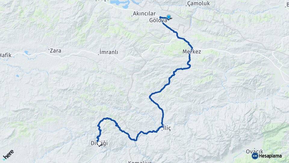 Sivas Gölova Divriği Arası Kaç Km - Yol Haritası