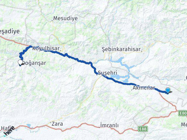 Sivas Gölova Doğanşar Arası Kaç Km - Yol Haritası
