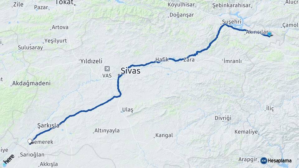 Sivas Gölova Gemerek Arası Kaç Km - Yol Haritası