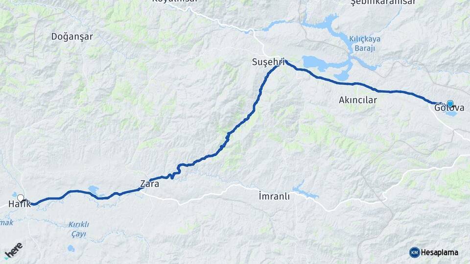 Sivas Gölova Hafik Arası Kaç Km - Yol Haritası