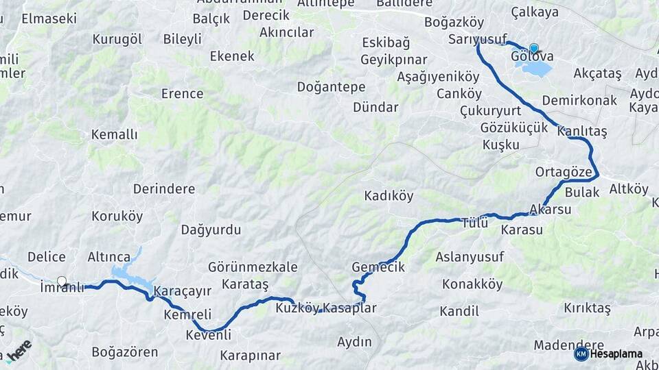 Sivas Gölova İmranlı Arası Kaç Km - Yol Haritası