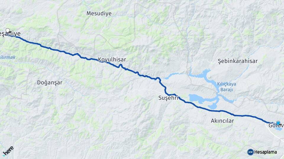 Sivas Gölova Reşadiye Tokat Arası Kaç Km - Yol Haritası