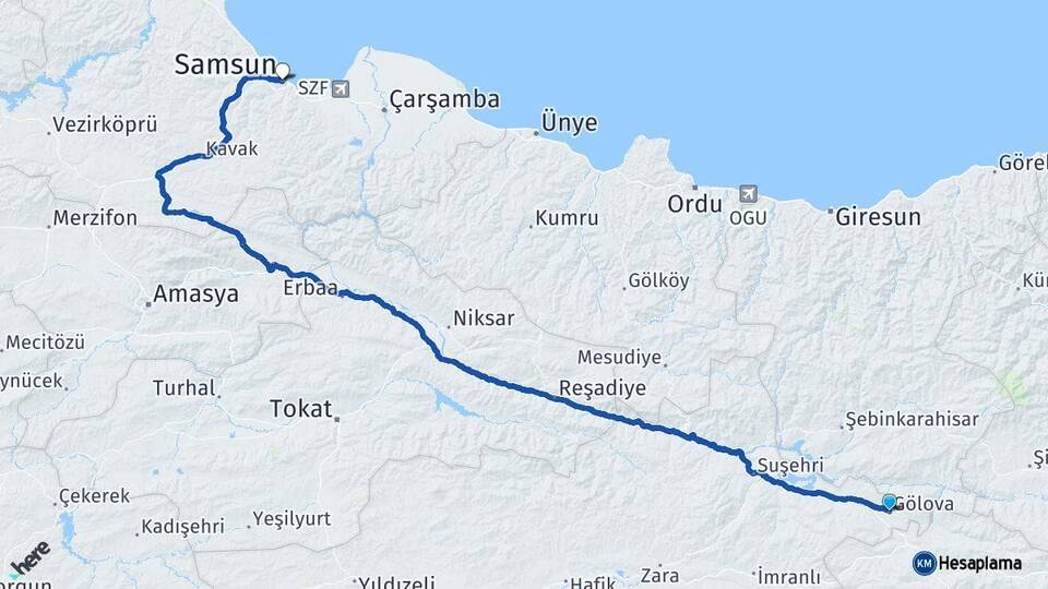 Sivas Gölova Samsun Arası Kaç Km - Yol Haritası