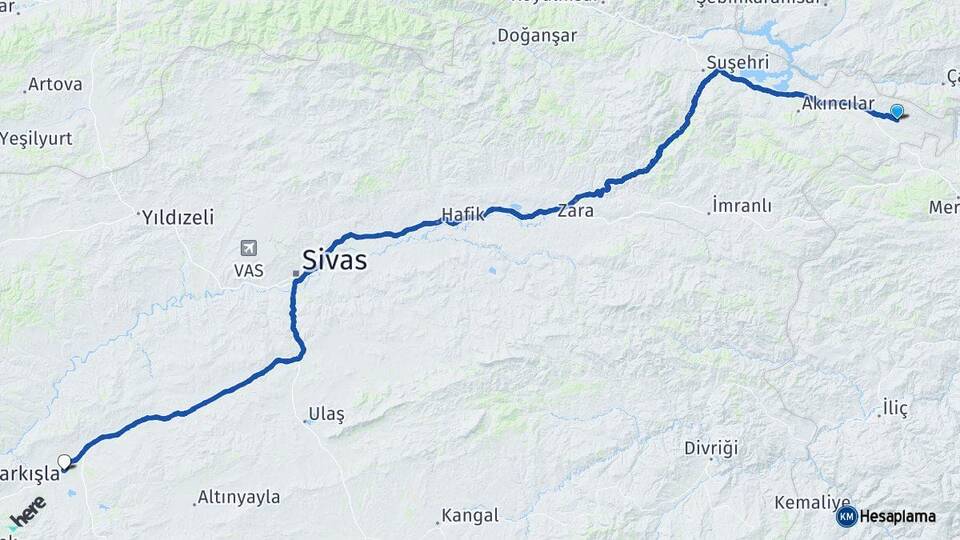 Sivas Gölova Şarkışla Arası Kaç Km - Yol Haritası