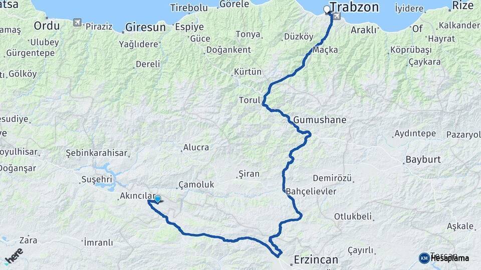 Sivas Gölova Trabzon Arası Kaç Km - Yol Haritası