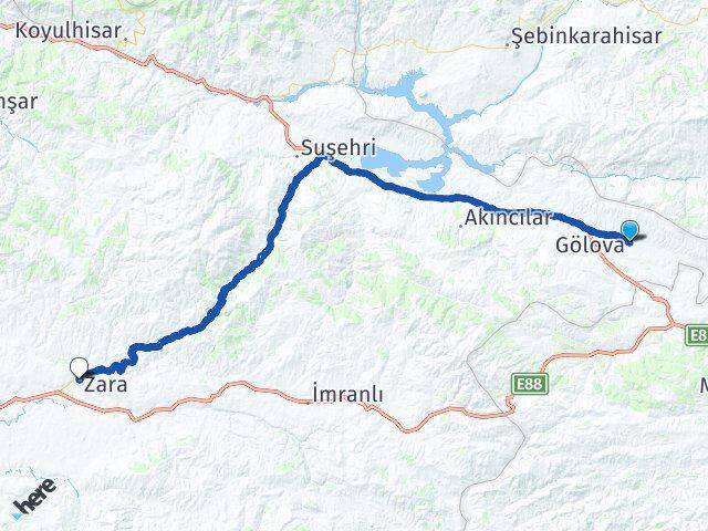 Sivas Gölova Zara Arası Kaç Km - Yol Haritası