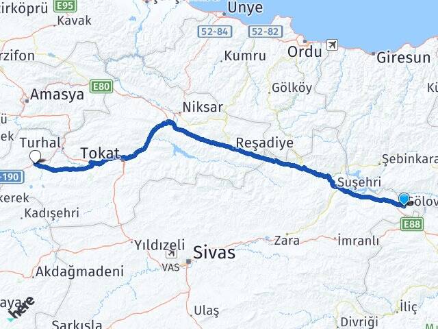 Sivas Gölova Zile Tokat Arası Kaç Km - Yol Haritası