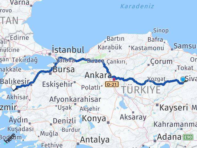 Sivas Gömeç Balıkesir Arası Kaç Km - Yol Haritası