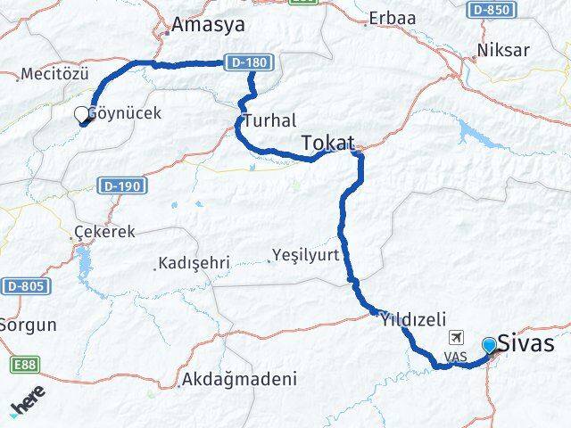 Sivas Göynücek Amasya Arası Kaç Km - Yol Haritası