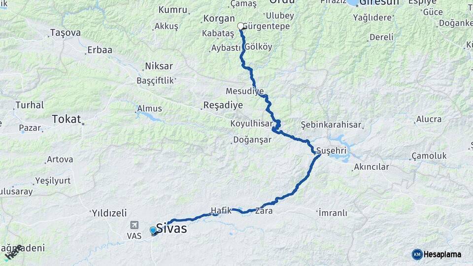 Sivas Gürgentepe Ordu Arası Kaç Km - Yol Haritası