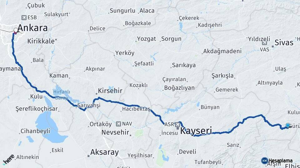 Sivas Gürün Ankara Arası Kaç Km - Yol Haritası