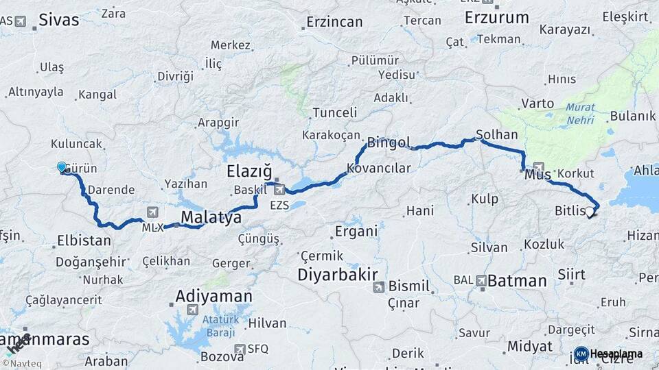 Sivas Gürün Bitlis Arası Kaç Km - Yol Haritası