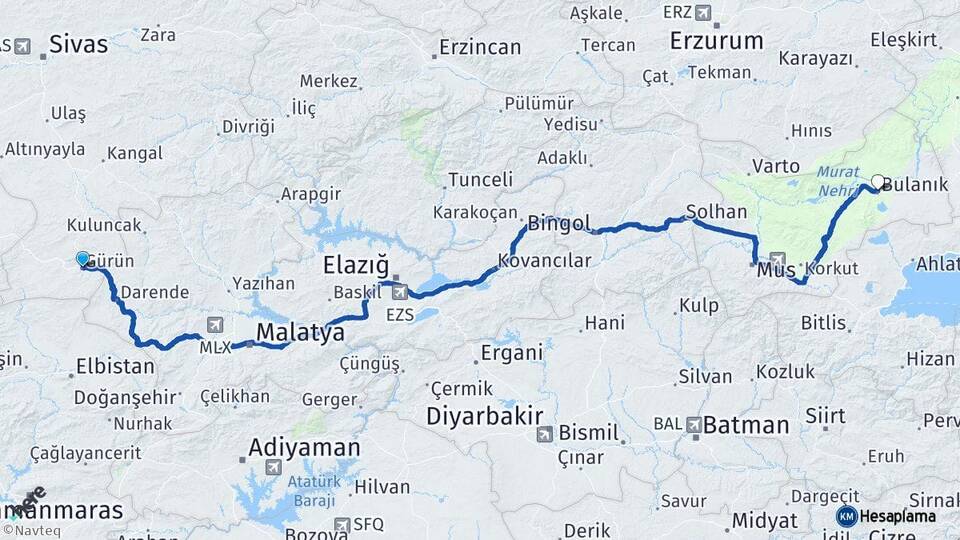 Sivas Gürün Bulanık Muş Arası Kaç Km - Yol Haritası