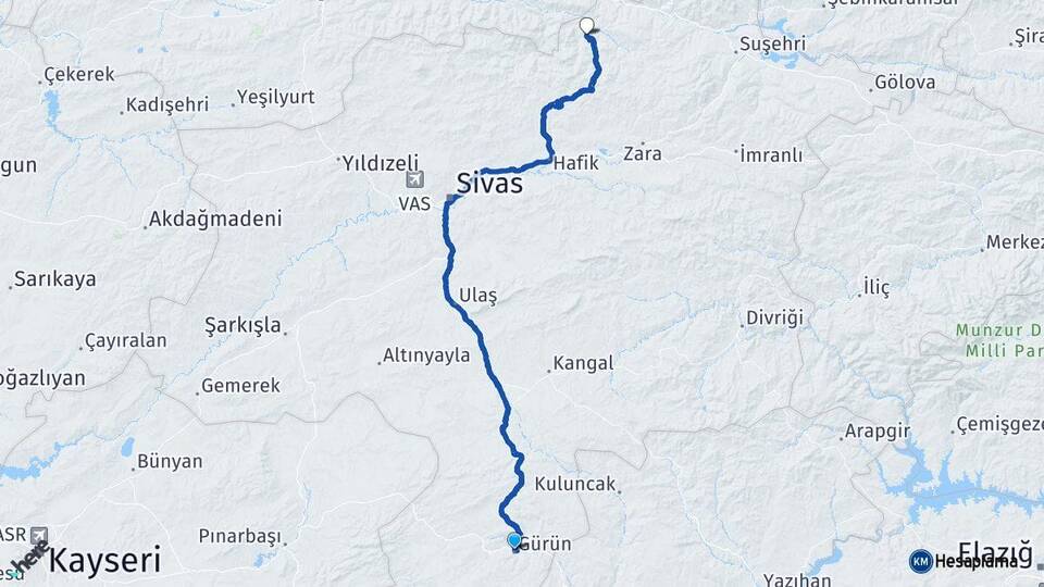 Sivas Gürün Doğanşar Arası Kaç Km - Yol Haritası