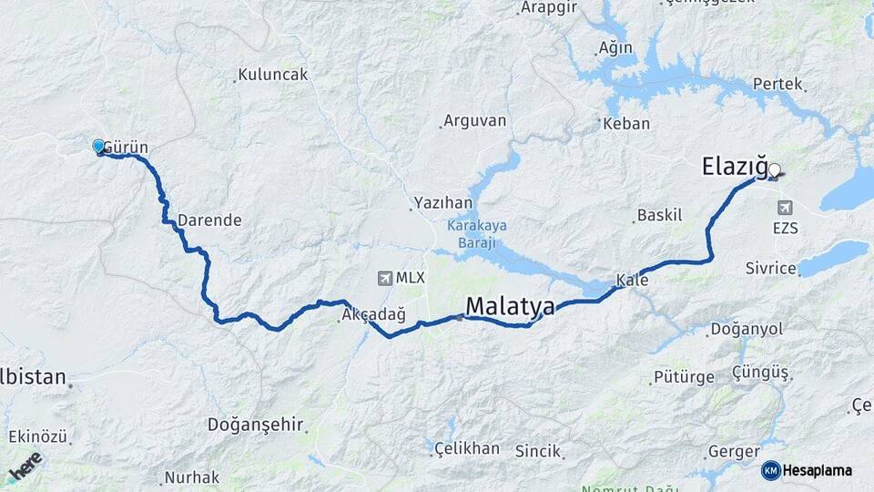 Sivas Gürün Elazığ Arası Kaç Km - Yol Haritası