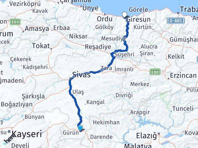 Sivas Gürün Giresun Arası Kaç Km - Yol Haritası