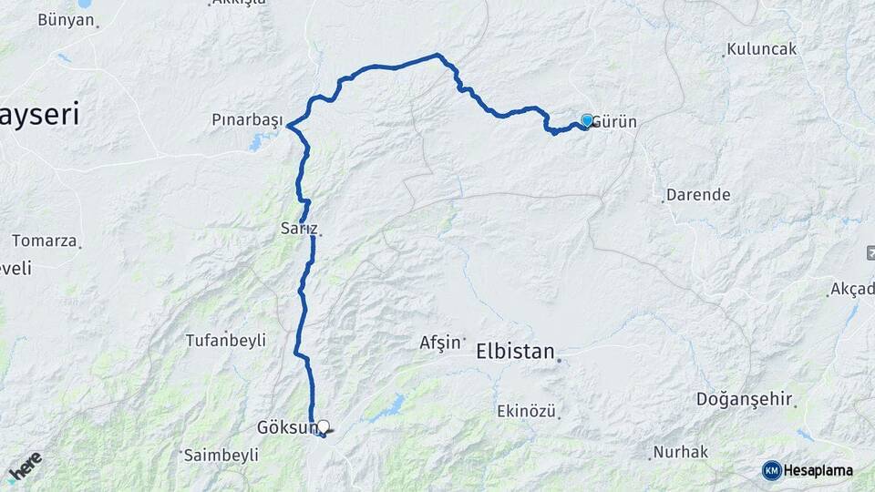 Sivas Gürün Göksun Kahramanmaraş Arası Kaç Km - Yol Haritası