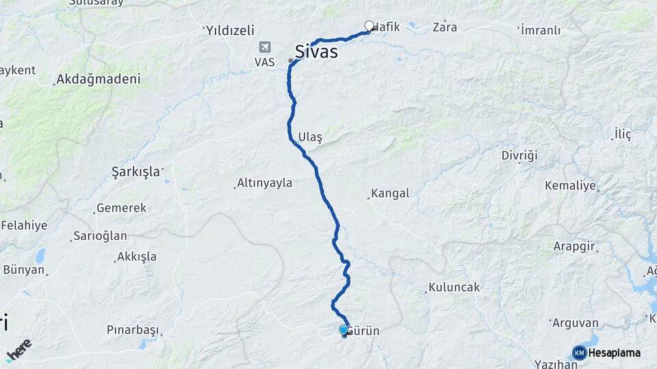 Sivas Gürün Hafik Arası Kaç Km - Yol Haritası