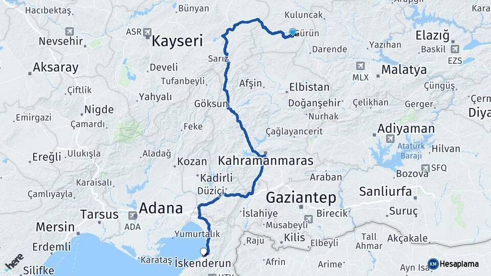Sivas Gürün İskenderun Hatay Arası Kaç Km - Yol Haritası