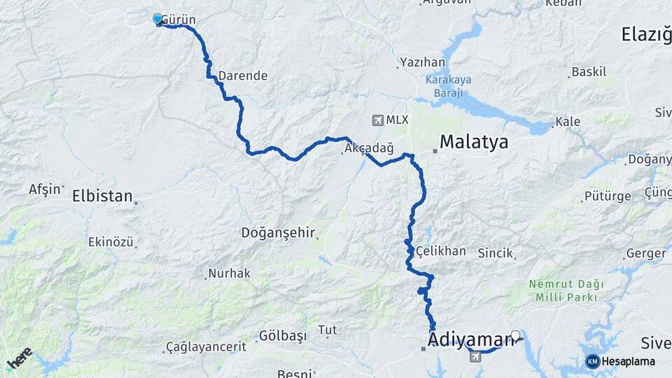Sivas Gürün Kahta Adıyaman Arası Kaç Km - Yol Haritası