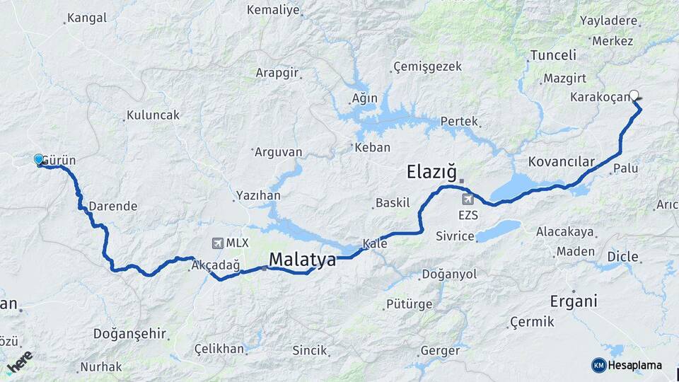 Sivas Gürün Karakoçan Elazığ Arası Kaç Km - Yol Haritası