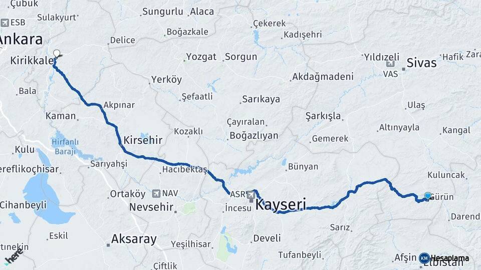 Sivas Gürün Kırıkkale Arası Kaç Km - Yol Haritası