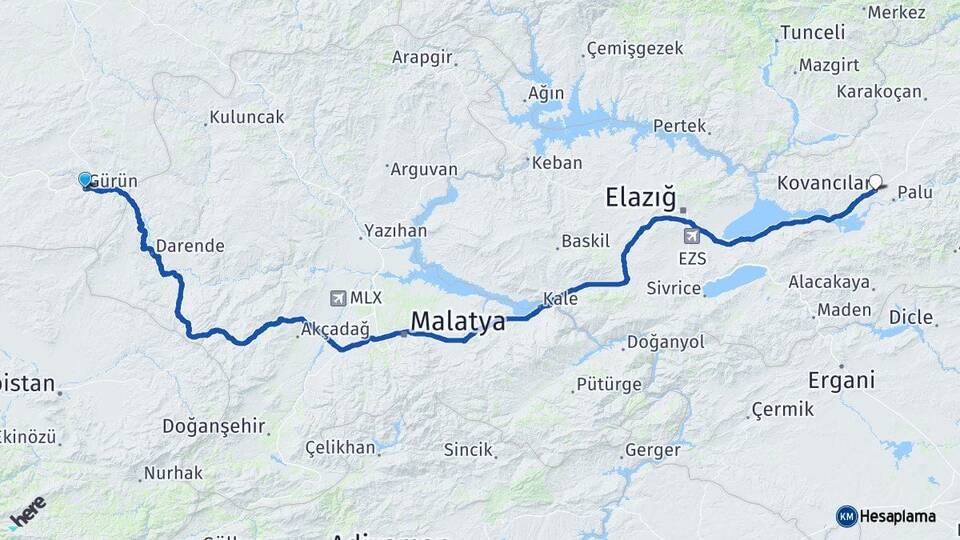 Sivas Gürün Kovancılar Elazığ Arası Kaç Km - Yol Haritası