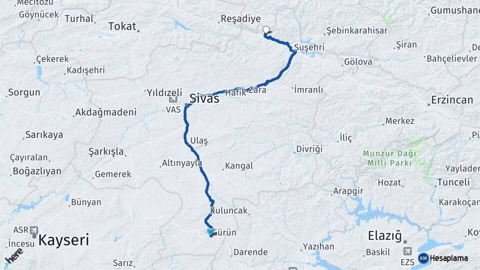 Sivas Gürün Koyulhisar Arası Kaç Km - Yol Haritası