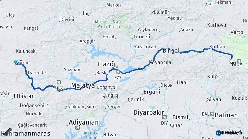 Sivas Gürün Muş Arası Kaç Km - Yol Haritası