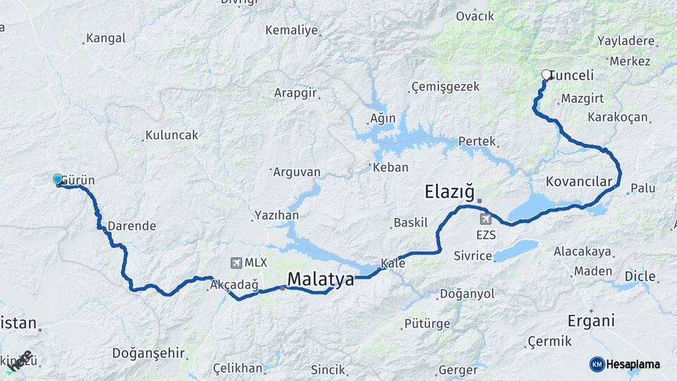 Sivas Gürün Tunceli Arası Kaç Km - Yol Haritası