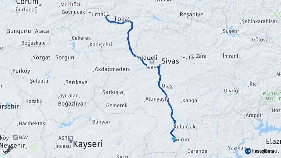 Sivas Gürün Turhal Tokat Arası Kaç Km - Yol Haritası