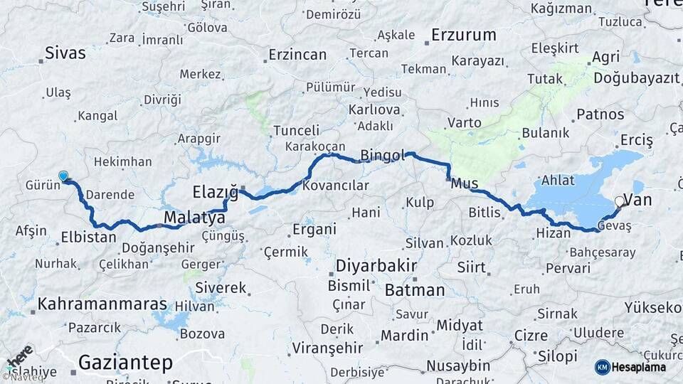 Sivas Gürün Van Arası Kaç Km - Yol Haritası