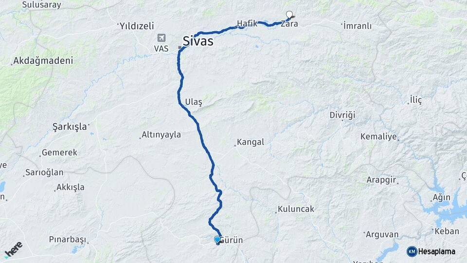 Sivas Gürün Zara Arası Kaç Km - Yol Haritası