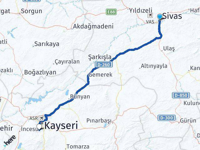 Sivas Hacılar Kayseri Arası Kaç Km - Yol Haritası