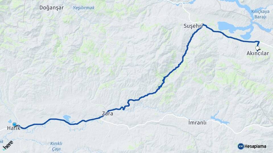 Sivas Hafik Akıncılar Arası Kaç Km - Yol Haritası