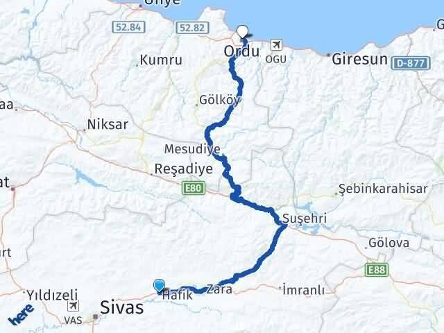 Sivas Hafik Altınordu Arası Kaç Km - Yol Haritası