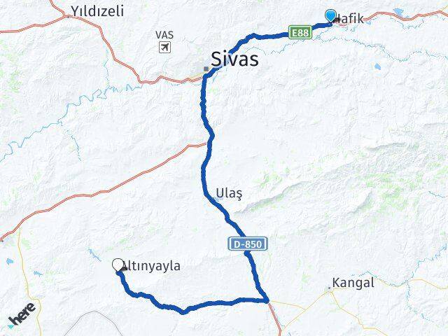 Sivas Hafik Altınyayla Arası Kaç Km - Yol Haritası