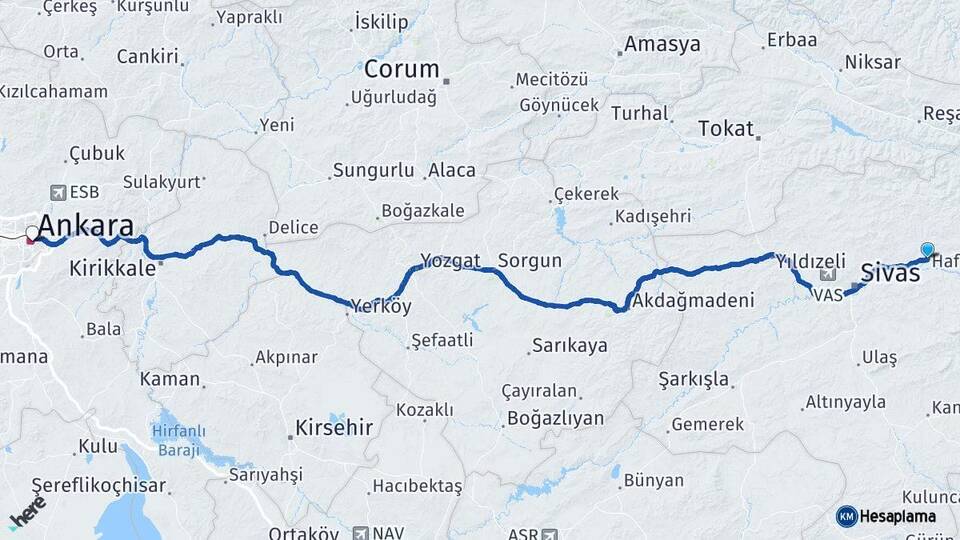 Sivas Hafik Ankara Arası Kaç Km - Yol Haritası