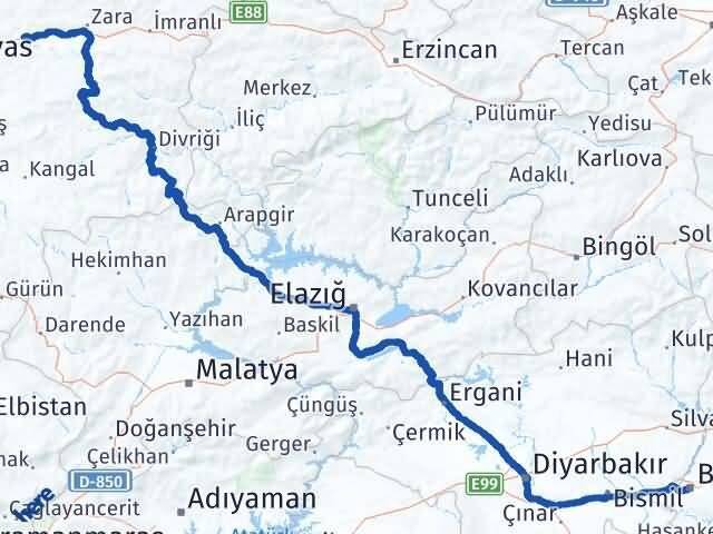 Sivas Hafik Batman Arası Kaç Km - Yol Haritası