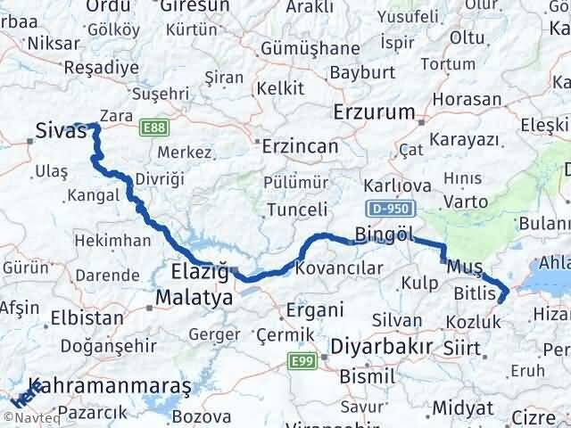 Sivas Hafik Bitlis Arası Kaç Km - Yol Haritası