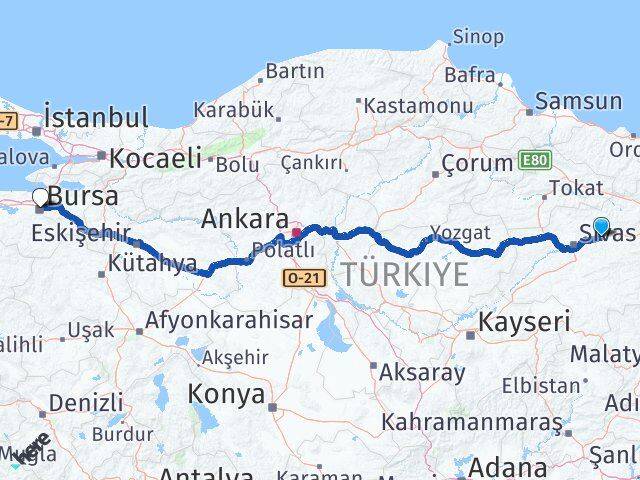 Sivas Hafik Bursa Arası Kaç Km - Yol Haritası
